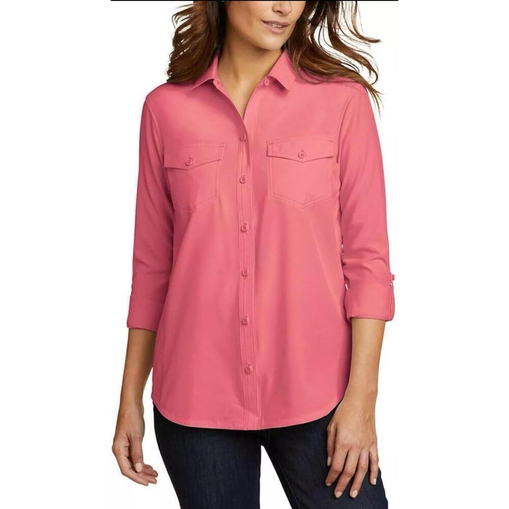 Eddie Bauer Women's Stretch Moisture Wicking Long Sleeve Shirt, Red, 2XL AF